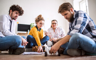 Young group of colleagues working on a new project, robotic dog in a startup company office. Working in co-working space.