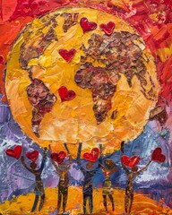 Impasto Painting of People Holding Hands Around Floating Earth with Love Hearts in the Universe