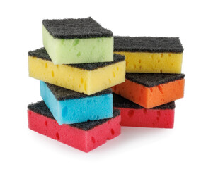Several household sponges isolated on a white background. Stack of sponges for washing dishes.