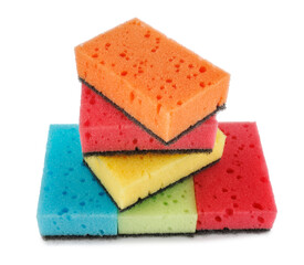 Several household sponges isolated on a white background. Stack of sponges for washing dishes.