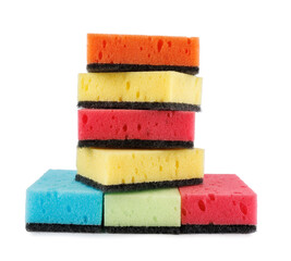 Several household sponges isolated on a white background. Stack of sponges for washing dishes.