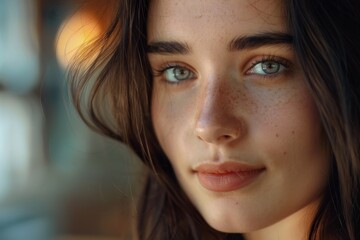 close-up portrait of a young woman with freckles and brown hair