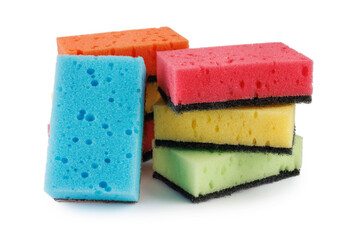 Several colored dishwashing sponges isolated on a white background.