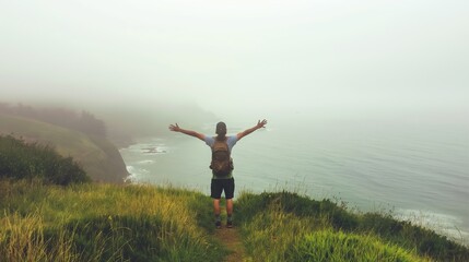 a hiker is standing in front of the coast with open wide arms