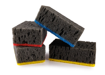 Black household sponges isolated on a white background. Sponge for washing dishes .