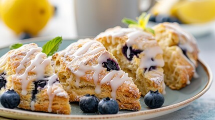 Freshly baked blueberry lemon scones with glaze
