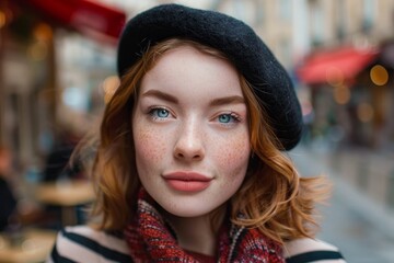 Closeup portrait of a young woman with freckles and red hair