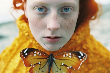 In the image, a redhaired woman is joyfully holding a butterfly in front of her face, showcasing the intricate details of the insects wings