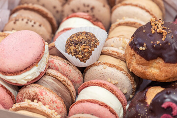 French cake sweet macaroons in box, sweet and colorful dessert.