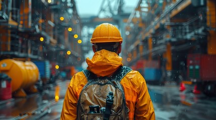 Fototapeta premium Industrial Worker in Reflective Rain Gear on Rainy Day