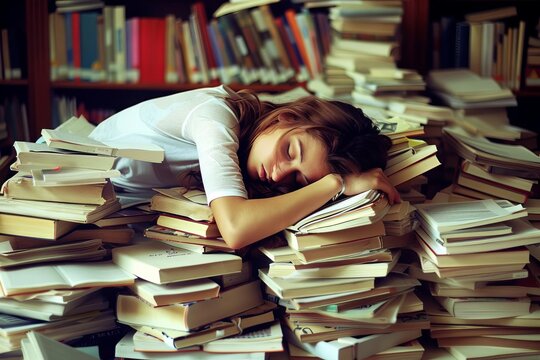 Explore the consequences of a student falling asleep while cramming for exams in the library ,The images are of high quality and clarity