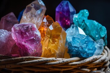 Vibrant Gemstones and Crystals in a Rustic Basket