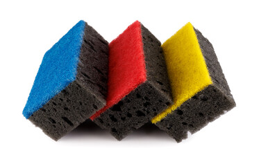 Black and colored household sponges laid out in a row isolated on a white background. Sponge for washing dishes .