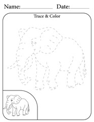 Elephant Printable Activity Page for Kids. Educational Resources for School for Kids. Kids Activity Worksheet. Trace and Color the Shape