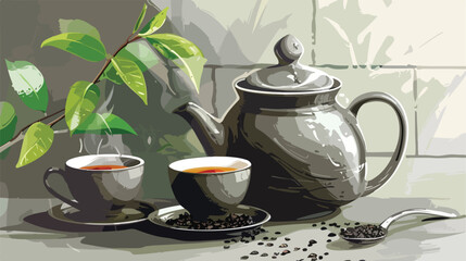 Teapot with cups scoop of dry tea and leaves on grey