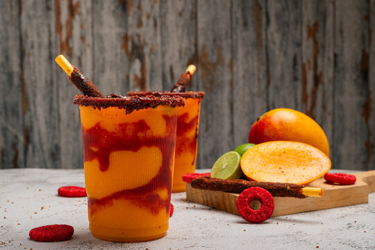 Mangonada, typical mexican mango smoothie with chamoy sauce and lime juice.