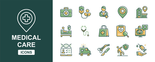 set of health care medical treatment icon vector collection health diagnosis patient medicine emergency signs illustration for web and app