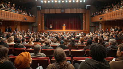 A high-angle shot of a town hall meeting with a diverse audience seated in rows, listening to a politician speak at a podium on stage. 