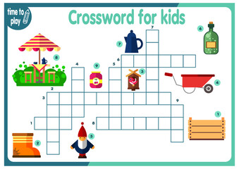 crossword for children. cute animals and objects. logic game. worksheet for kids	
