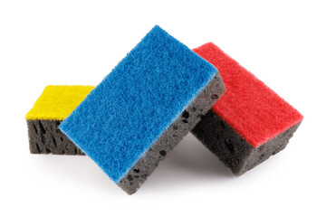 Multi-colored and black household sponges isolated on a white background. Sponge for washing dishes .