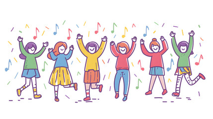Fototapeta premium Happy smiling people dance and celebrate, simple shapes, flat colors, cartoon doodle illustration isolated on white background