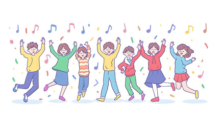 Fototapeta premium Happy smiling people dance and celebrate, simple shapes, flat colors, cartoon doodle illustration isolated on white background