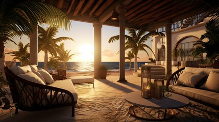 Obraz premium Beach with a hut. AI generated art illustration.