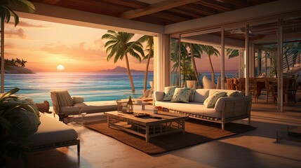 Obraz premium Beach with a hut. AI generated art illustration.