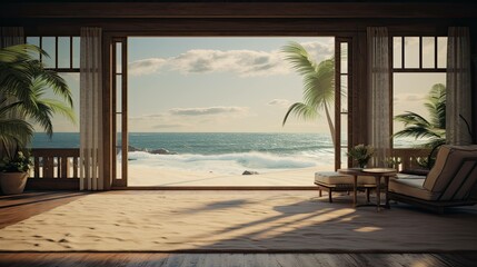 Beach with a hut. AI generated art illustration.