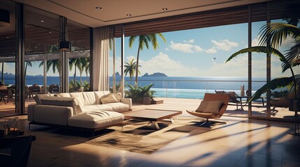 Fototapeta premium Beach with a hut. AI generated art illustration.