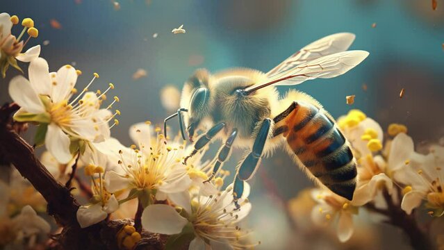 World Bee Day. honey bee, apis mellifera, anatomical structure of an insect, bee bathed in pollen, pollinating insect, dandelion flower, yellow flower, anthers, stamens, pollination, worker bee