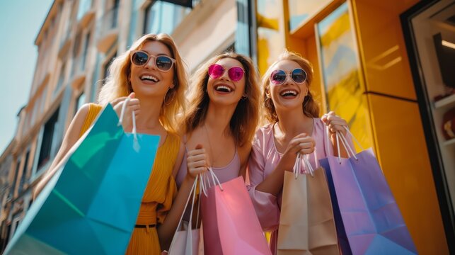 A group of three stylish young women are joyfully shopping in the city streets on a sunny day, carrying bags and radiating happiness. They are enjoying the urban lifestyle and exploring the city
