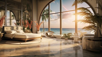 Fototapeta premium Beach with a hut. AI generated art illustration.