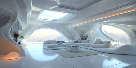 A futuristic uncluttered lounge room the is well lit with a skylight and filled with minimalist futuristic furnishing. Generative AI.