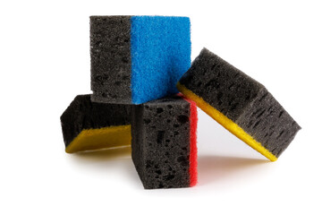 Stack of black multi-colored household sponges isolated on a white background. Sponge for washing dishes .