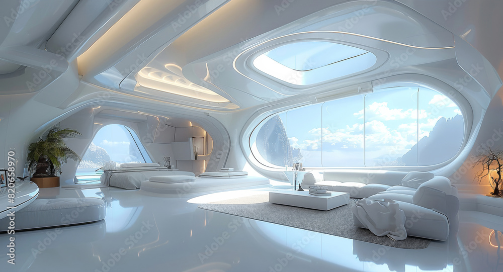 Poster a futuristic uncluttered lounge room the is well lit with a skylight and filled with minimalist futu