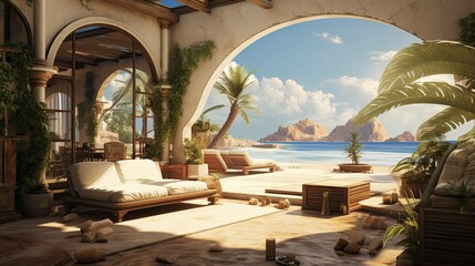 Obraz premium Beach with a hut. AI generated art illustration.