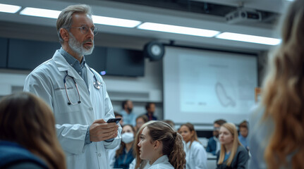 Fototapeta premium A doctor explaining a medical breakthrough to a group of students in a modern lecture hall, the bright and airy room filled with a sense of hope and progress. Generative AI.