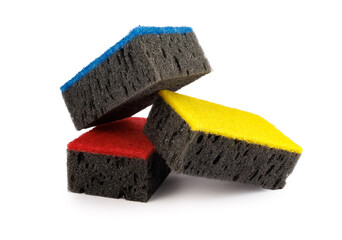 Stack of black multi-colored household sponges isolated on a white background. Sponge for washing dishes .