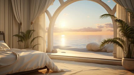 Obraz premium Beach with a hut. AI generated art illustration.