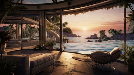 Fototapeta premium Beach with a hut. AI generated art illustration.