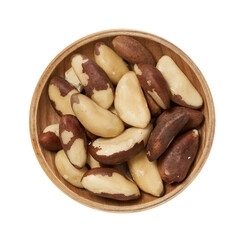 top view flat lay pile of brazil nut isolated cutout on white background in wood bowl