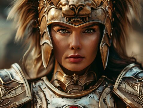 fierce female warrior in ornate golden armor - Powered by Adobe