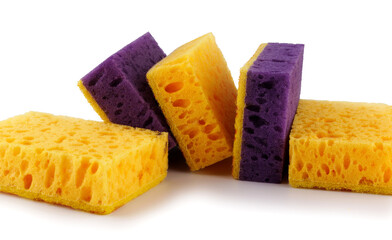 Bright yellow and purple sponges on a white background. Sponge for washing dishes.