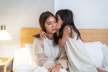 Portrait of enjoy happy love asian family mature mother and girl daughter smiling play and having fun together, mom, mother day, care, kid, child.happy family in moments good time at home