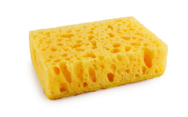 A very beautiful and bright yellow dishwashing sponge isolated on a white background.