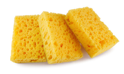 Several yellow sponges for washing dishes isolated on a white background. Household cleaning sponge.