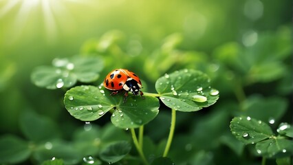 Fototapeta premium ladybug on green leaf