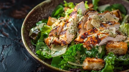 Grilled chicken salad with fresh greens and croutons
