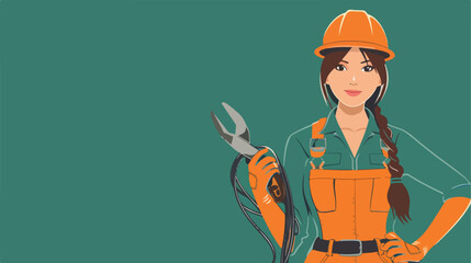 Asian female electrician with cable and pliers on green